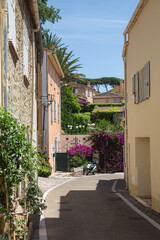 Fototapeta na wymiar Mediterranean garden design and landscaping, Provence, France: Alley and facades beautifully planted with blooming bougainvilleas, agapanthus lilies, palms, pine trees and green plants in a village 