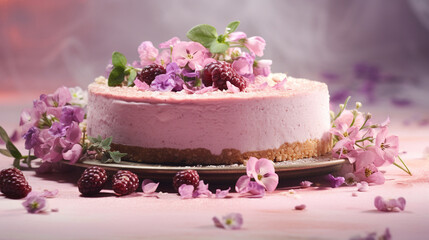 Obraz na płótnie Canvas Beautiful and Fresh Cheesecake on a Plate with Berry Topping in Photography Style with Pastel and Feminine Color Tones - Studio Lighting Effect Food Presentation on Vintage Backdrop - Generative AI
