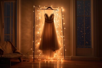 dress on hanger with soft glowing fairy lights, created with generative ai