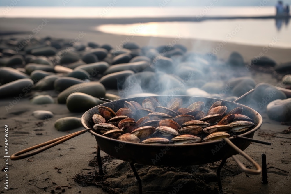 Poster clams cooking on a beach bbq grill with smoke, created with generative ai