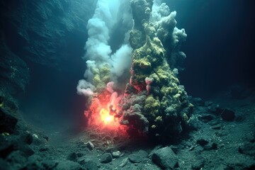 hydrothermal vent in a deep sea trench, emitting smoke, created with generative ai