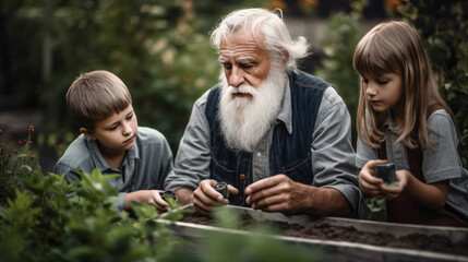 Grandfather  showing his grandchildren how to garden - obrazy, fototapety, plakaty