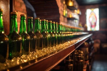 close-up of beer bottles on a conveyor belt in brewery, created with generative ai