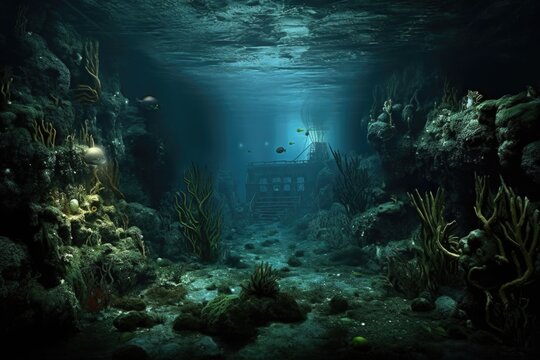 dark underwater landscape of mariana trench, created with generative ai