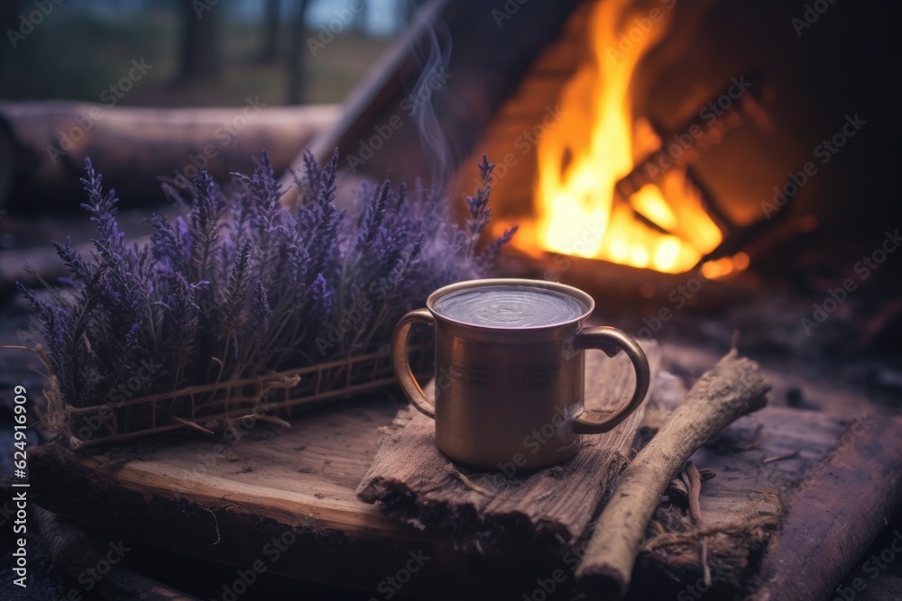 Canvas Prints lavender tea in a rustic mug beside a campfire, created with generative ai