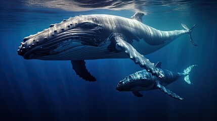a Humpback whale with a baby calf in a horizontal layout, in a  Nature-themed in a JPG format. Generative AI