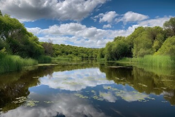 Fototapeta na wymiar peaceful lake surrounded by lush greenery, with wispy clouds above, created with generative ai