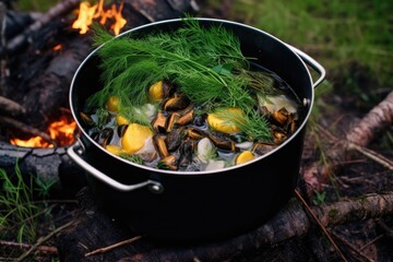 campfire cooking with mussels and herbs in a pot, created with generative ai