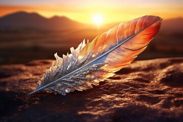 diamond dust on a feather with a warm, glowing sunrise backdrop, created with generative ai