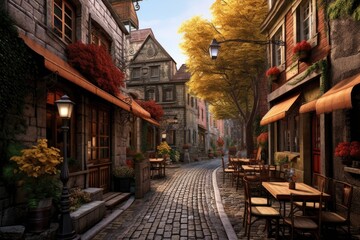 Fototapeta na wymiar cobblestone street with a cozy outdoor cafe setting, created with generative ai