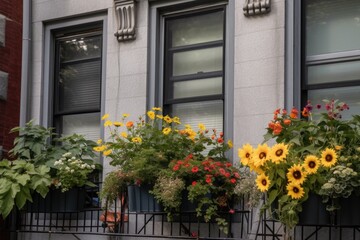 Fototapeta na wymiar a window garden with blooming sunflowers, bringing warmth and color to a gray apartment building, created with generative ai