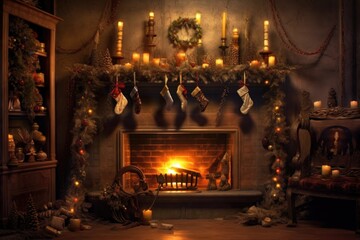 Obraz premium fireplace with illuminated garland and stockings, created with generative ai