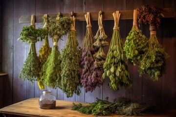 hanging bundles of herbs on wooden rack, created with generative ai