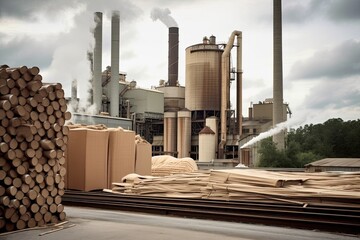 pulp and paper mill, with towering stacks of raw materials and finished products, created with generative ai - obrazy, fototapety, plakaty