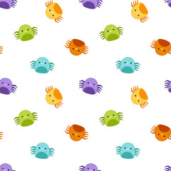 Colorful spiders on seamless pattern. Squishmallow. Cute spider. Kawaii, Vector