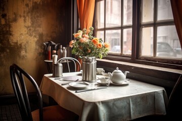 Fototapeta na wymiar elegant table setting with flowers and cutlery in an empty caf꧃Ⰰ 挀爀攀愀琀攀搀 眀椀琀栀 最攀渀攀爀愀琀椀瘀攀 愀椀�