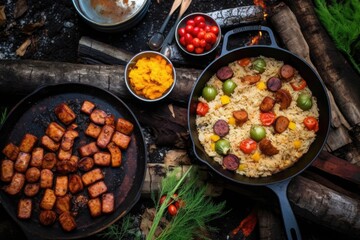 overhead view of jambalaya ingredients and campfire, created with generative ai