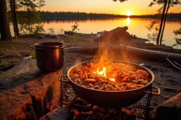 jambalaya cooking in pot on campfire, sun setting, created with generative ai