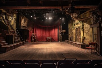 backstage view of empty theater stage with props, created with generative ai