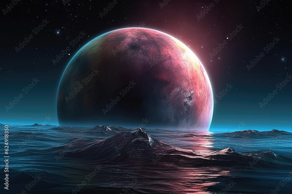 Sticker exoplanet with water-like features through telescope lens, created with generative ai