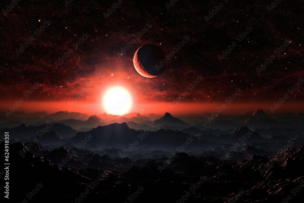 Wall mural binary star system with exoplanet silhouetted in space, created with generative ai