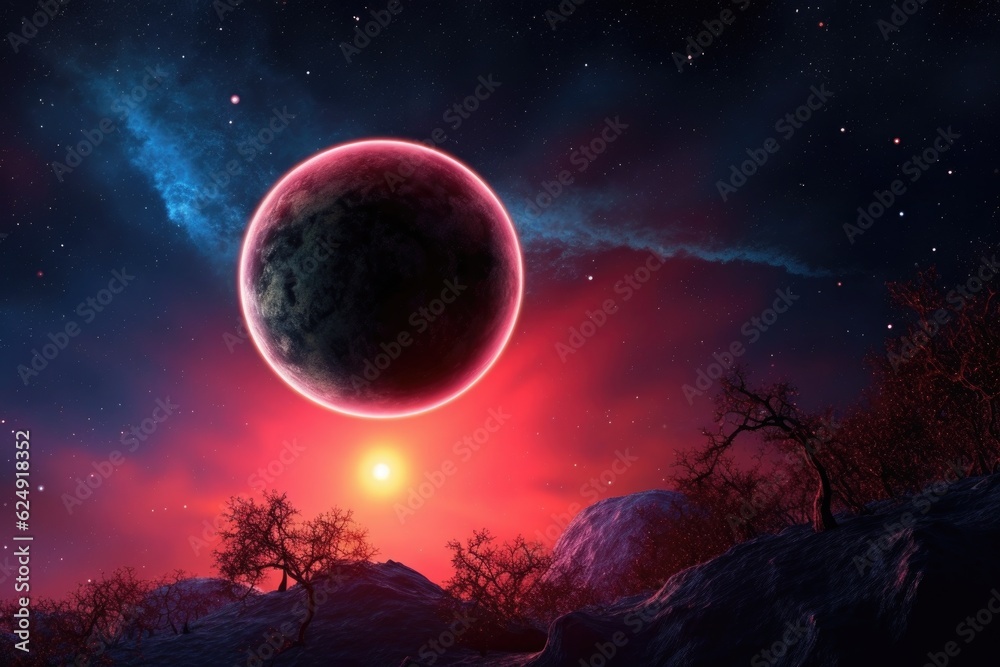 Wall mural exoplanet orbiting a distant star in colorful nebula, created with generative ai