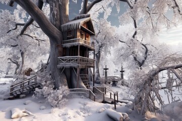 wide-angle shot of treehouse in winter wonderland landscape, created with generative ai