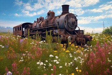 Fototapeta premium weathered steam engine in a sea of wildflowers, created with generative ai