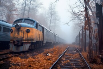 Fototapeta premium eerie fog rolling through the train graveyard, created with generative ai