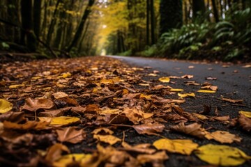 close-up of fallen leaves on a forest road, created with generative ai