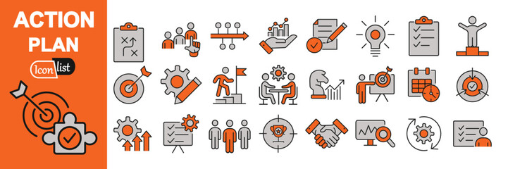 Action plan colored icon set. Containing planning, schedule, strategy, analysis, tasks, goal, collaboration and objective icons. vector illustration
