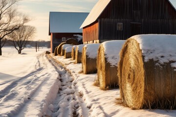 close-up of snow-covered hay bales near barn, created with generative ai