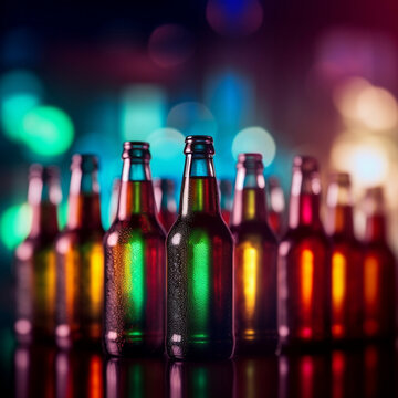 Artistic Blurred Image of Beer Bottles in a Row with Colorful Background Lights