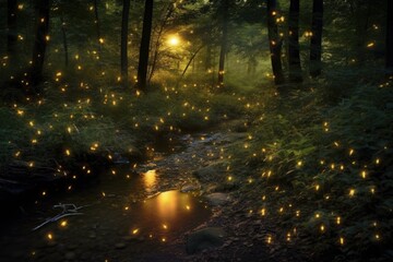 fireflies illuminating a small forest creek at twilight, created with generative ai