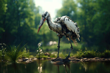 Robot stork in the nature. Generative AI art © Drpixel