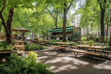 food truck in a park with picnic tables and greenery, created with generative ai