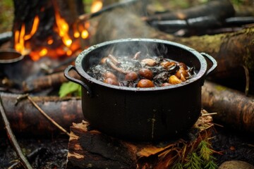 cooking pot with mushroom stew over campfire, created with generative ai