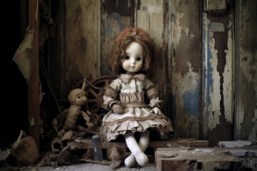 dusty doll sitting on an old wooden, created with generative ai