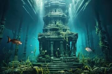 abandoned underwater temple with aquatic life, created with generative ai