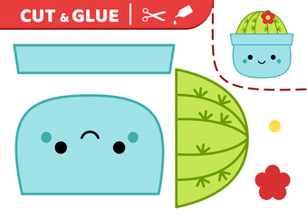 Cactus. Squishmallow. Cut and glue. Applique Paper game Cactus Kawaii vector