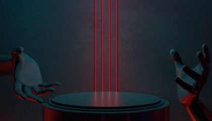 Naklejka premium 3d illustration rendering of technology futuristic cyberpunk display, gaming scifi stage pedestal background, gamer banner sign of neon glow stand podium for product sale