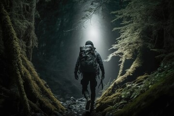 hiker, with backpack and flashlight, exploring dark and mysterious forest, created with generative ai