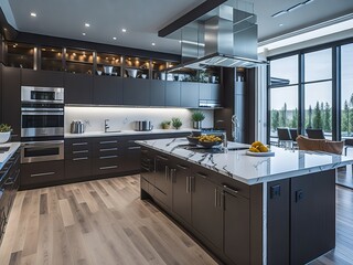 Residential interior of modern kitchen in luxury mansion. Generative AI
