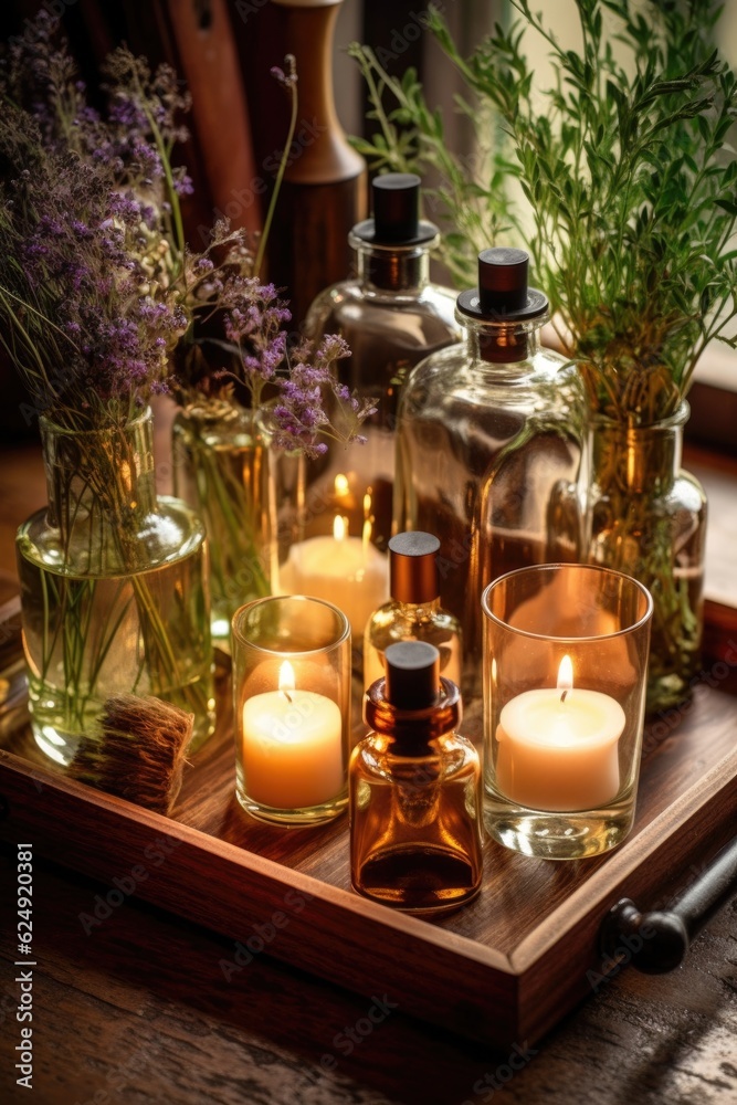 Wall mural aromatic candles and essential oils on wooden tray, created with generative ai