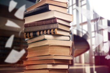 A stack of old reading books and flying pages