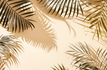 Fototapeta na wymiar Top view of tropical leaves and shadow on sand color background. Flat lay. Minimal summer concept with palm tree leaf. Copy space. Generative AI