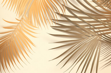 Obraz premium Top view of tropical leaves and shadow on sand color background. Flat lay. Minimal summer concept with palm tree leaf. Copy space. Generative AI