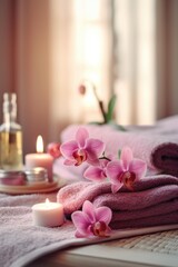 Obraz na płótnie Canvas relaxing spa setting with orchids and soft towels, created with generative ai