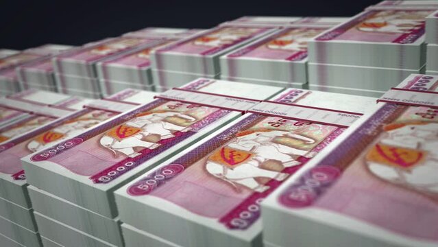 Myanmar money Burma Kyat banknote bundle growth up loop. MMK money stacks. Concept of cash pack, banking, travel, business, economy and finance. Loopable seamless 3d animation.