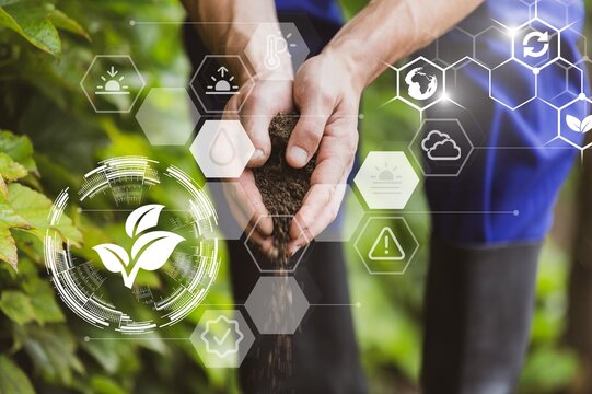 Smart technology in agriculture concept. Farmer's hands
